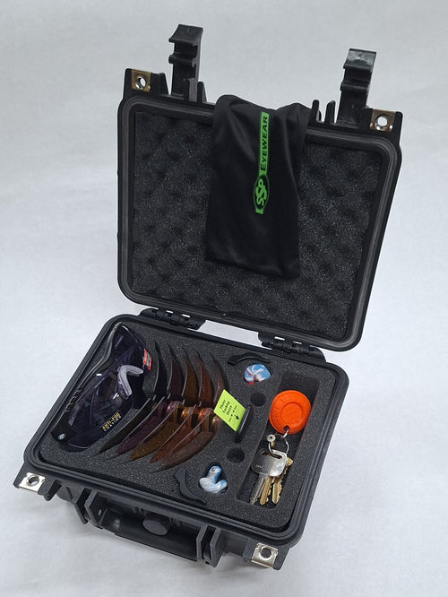 Methow 6 XHD brown-eye kit in a black hard case; hearing protection not included