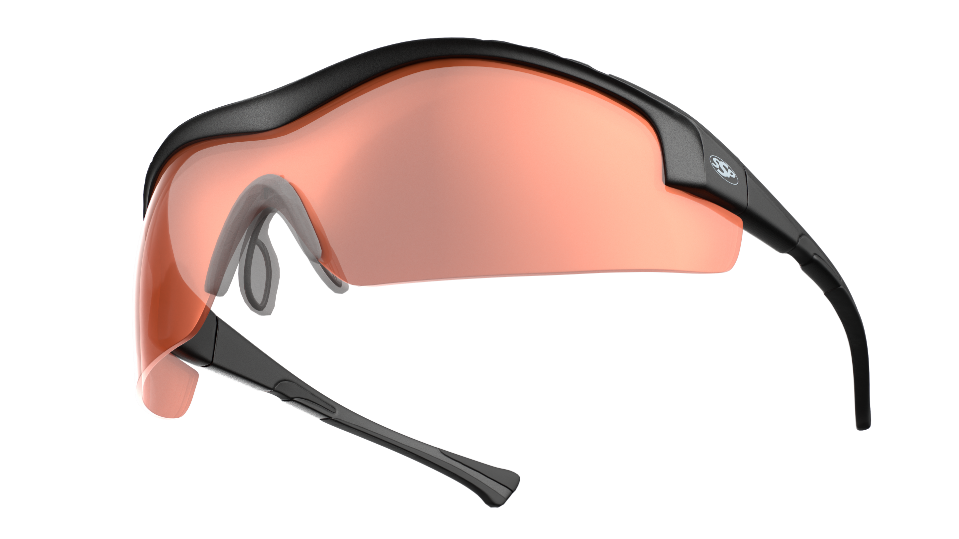 Methow frame showing the adjustable nose piece, wraparound lens and rubber temple grips.